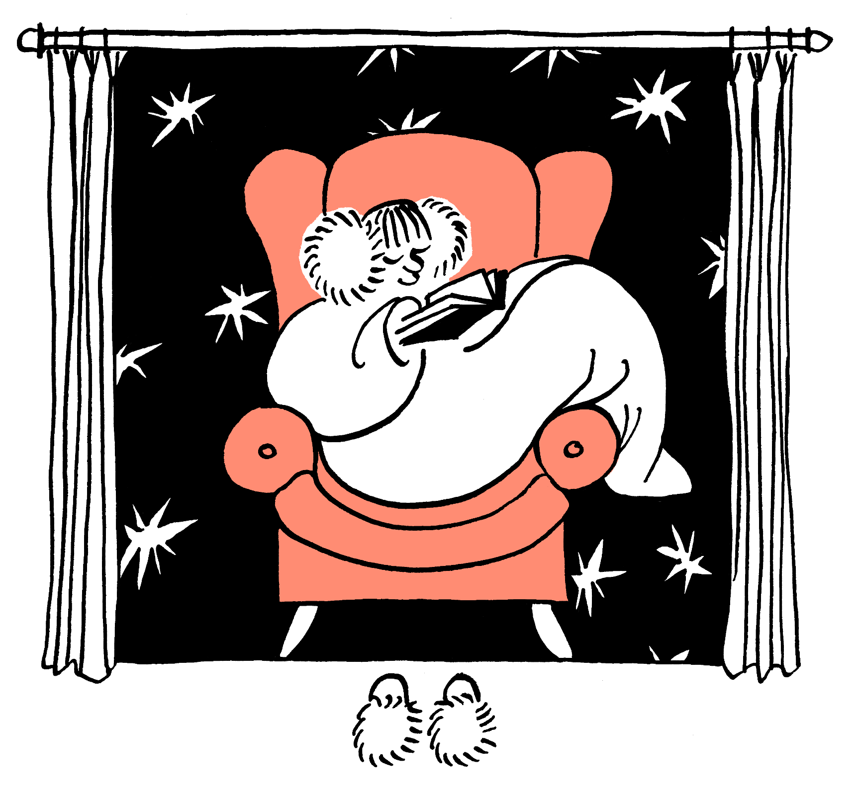 Illustration of a person cosily wrapped in a blanket reading in front of a nightly window